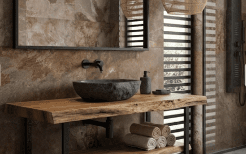 Diseño de baño minimalista wabi-sabi, tonos tierra, materiales orgánicos. Mesa de lavabo de madera gruesa con borde natural y patas de acero negro, lavabo de vasija de piedra en bruto oscura, herrajes negros, fondo de pared de roca texturizada, iluminación de estudio cálida y ambiental, arquitectura de interiores altamente detallada.